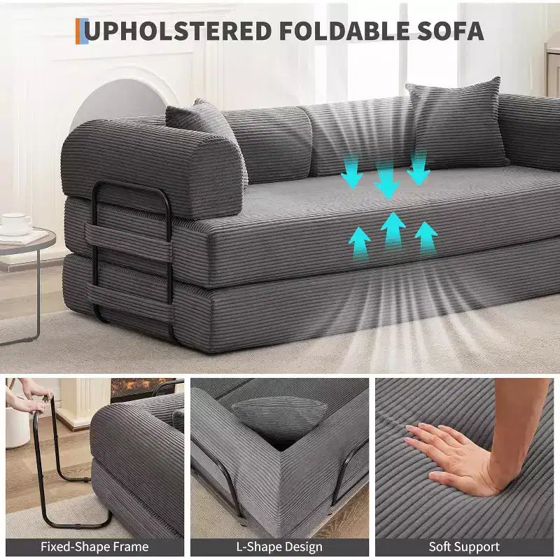 2-in-1 slaapbank, comfortabele opklapbare corduroy-slaapbank met diepe zitting en brede armleuningen, bank zonder frame voor woonkamer en appartementen
