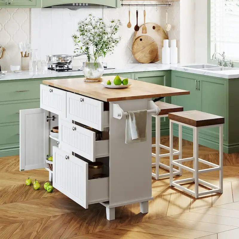 Ensemble îlot de cuisine TOPMAX avec rallonge rabattable et 2 places assises, ensemble table à manger avec étagère réglable, tiroirs et porte-serviettes