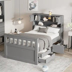 Letto a piattaforma Captain matrimoniale o singolo con 4 cassetti e ripiani contenitori, struttura in legno massello con testiera libreria contenitore