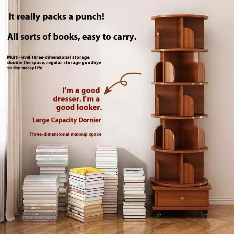 Chic Crate schmales Eckbücherregal mit 6 Ebenen, 360° drehbar und mit Rollen, für kleine Räume, Walnussbraun