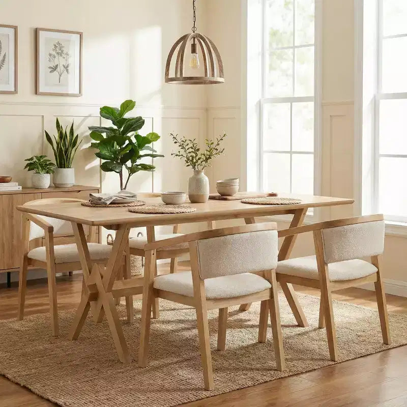 Christopher Knight Home Simon 5-teiliges Esszimmer-Set aus Gummibaumholz im Mid-Century-Modern-Stil mit Bouclé-gepolsterten Stühlen
