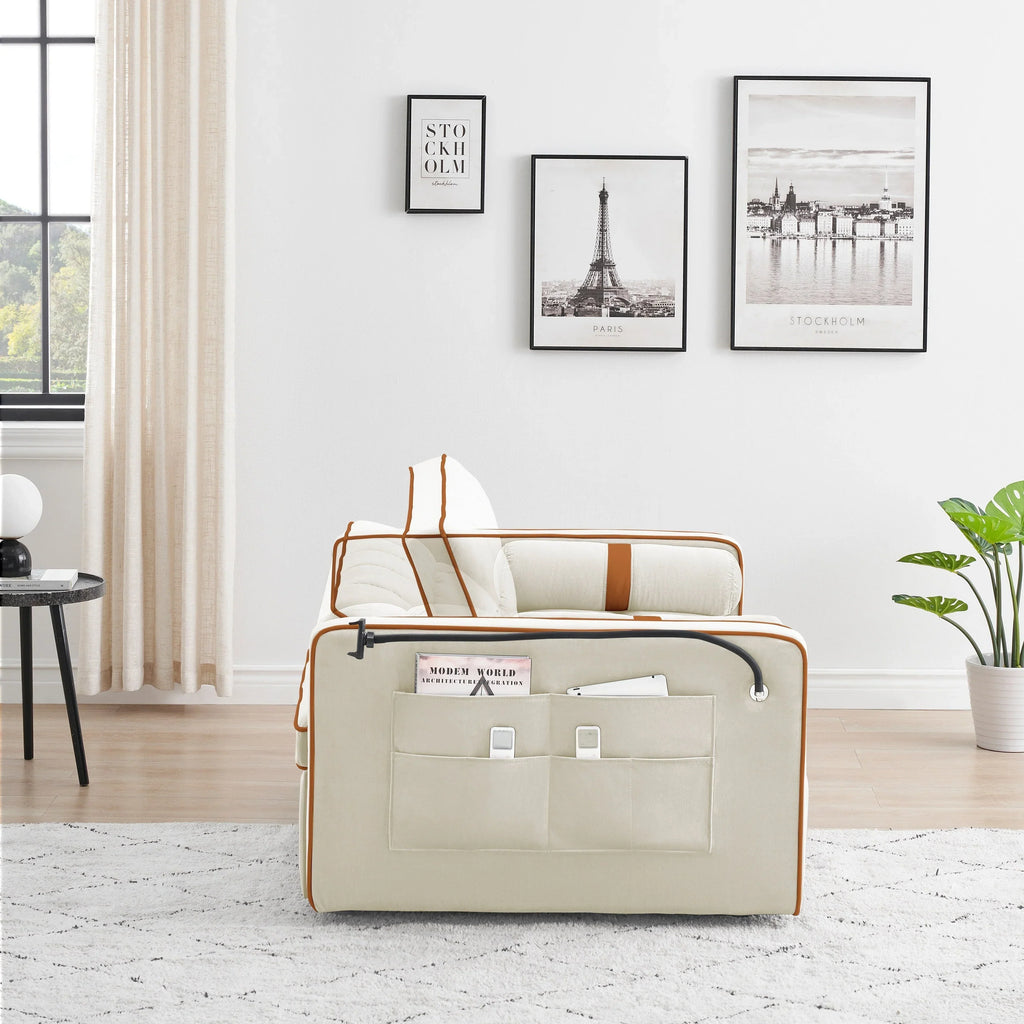 Sofá-Cama Convertível de Veludo para 2 Pessoas, com 55', Cama Extensível, Encosto Reclinável Ajustável, Bolsos Laterais e Suporte para Telemóvel