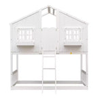 Cama alta de tamanho Twin em forma de casa, cama alta de madeira tipo casinha com escada e barreiras de proteção para crianças