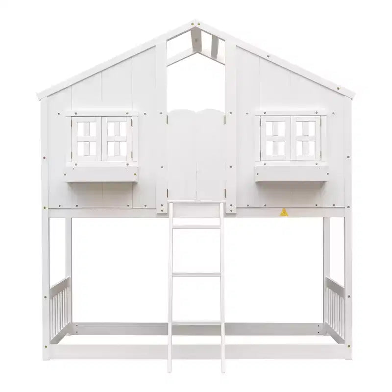 Cama alta de tamanho Twin em forma de casa, cama alta de madeira tipo casinha com escada e barreiras de proteção para crianças