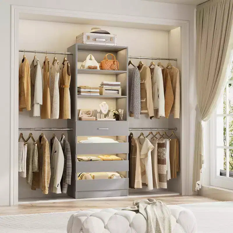 Besiost Holz-Kleiderschrank-Organizersystem für 1,2–2,7 m mit 4 Schubladen, 4 Kleiderstangen und Regaltürmen