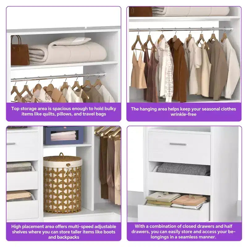 Ensemble Besiost de 3 éléments pour dressing d’angle avec étagères en colonne et tiroirs, organisateur de dressing autoportant avec tringles