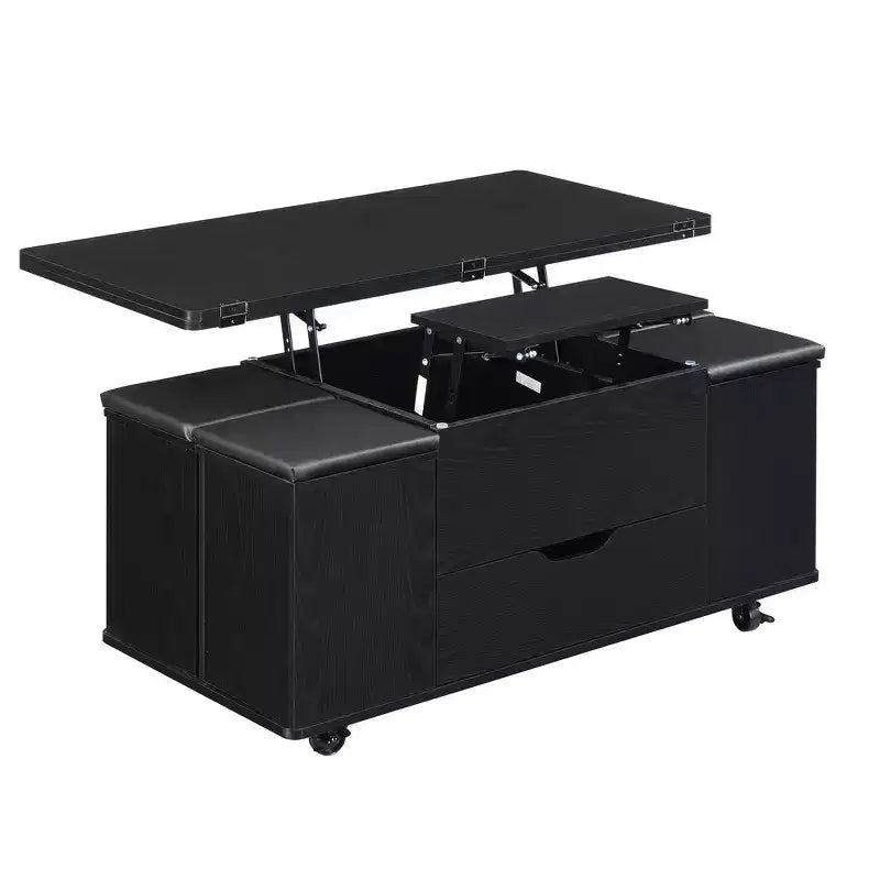 Mesa de centro moderna multifunções com tampo elevável, arrumação oculta, 4 bancos e rodízios, perfeita para espaços de estar modernos