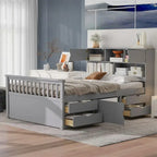 Letto a piattaforma Captain matrimoniale o singolo con 4 cassetti e ripiani contenitori, struttura in legno massello con testiera libreria contenitore
