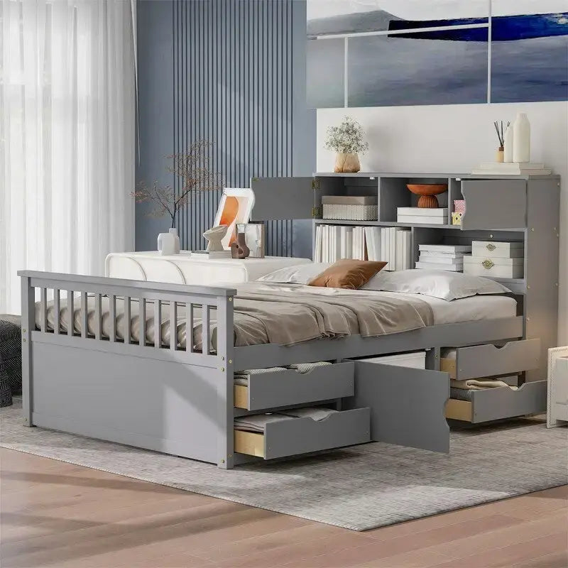 Letto a piattaforma Captain matrimoniale o singolo con 4 cassetti e ripiani contenitori, struttura in legno massello con testiera libreria contenitore