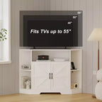 Meuble TV d’angle pour téléviseurs jusqu’à 55 pouces, console multimédia de style ferme avec porte de grange, étagères ouvertes et placard de rangement, blanc