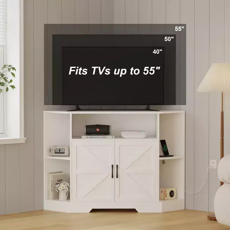 Meuble TV d’angle pour téléviseurs jusqu’à 55 pouces, console multimédia de style ferme avec porte de grange, étagères ouvertes et placard de rangement, blanc