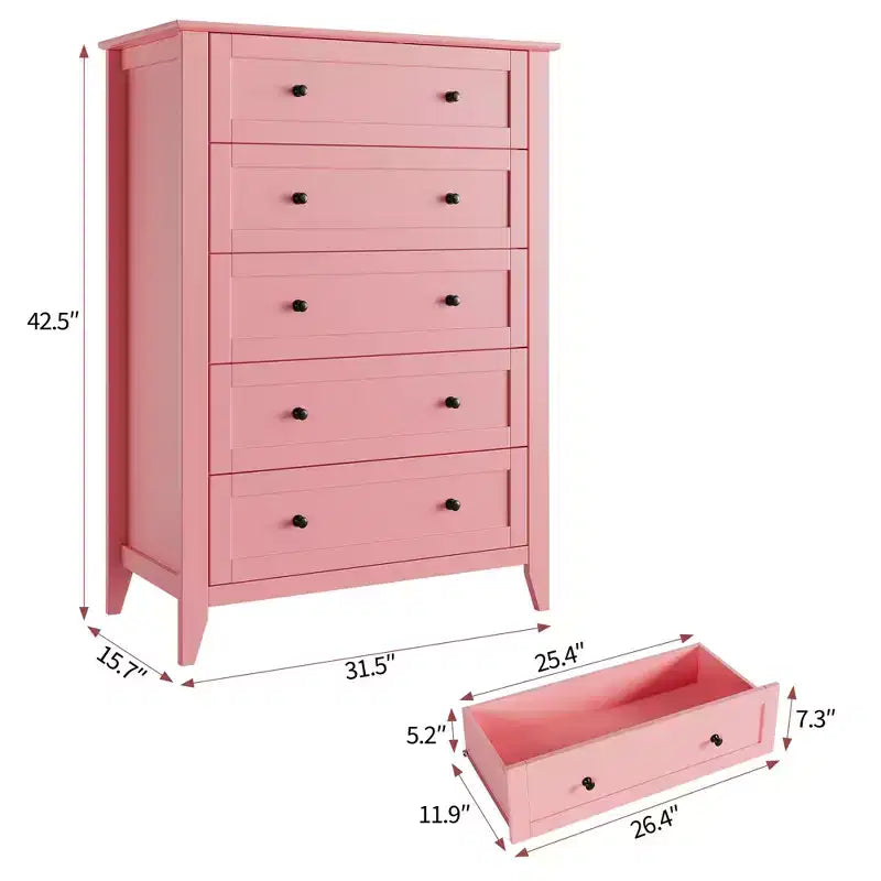 42,5 Zoll hohe Kommode mit 5 Schubladen für das Schlafzimmer, hölzerner Aufbewahrungsschrank mit 11,9 Zoll tiefen Schubladen und goldfarbenen Metallgriffen, ideal für Eingangsbereich oder Flur