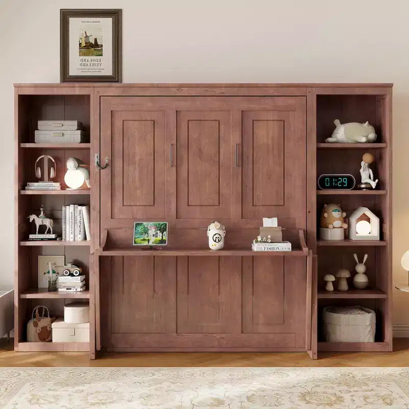 Lit escamotable mural pleine taille/queen gain de place avec bureau et bibliothèque, brun foncé – ModernLuxe