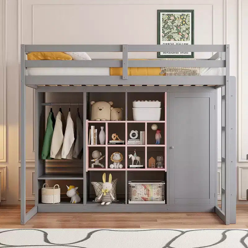 Lit mezzanine pour enfants avec armoire et étagères, cadre de lit mezzanine en bois avec meuble de rangement pour enfants et adolescents