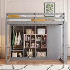 Lit mezzanine pour enfants avec armoire et étagères, cadre de lit mezzanine en bois avec meuble de rangement pour enfants et adolescents