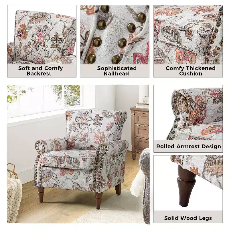 Araceli, tradiční dřevěné čalouněné květinové křeslo s vysokým opěradlem a zdobením hřebíčky | ART OF LIVING DESIGNS