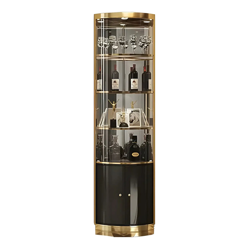 Vitrina de canto glamorosa com vidro brilhante e metal dourado, de formato arredondado