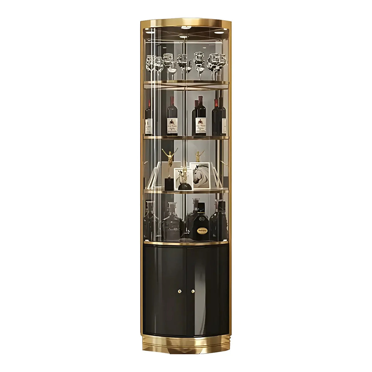 Vitrina de canto glamorosa com vidro brilhante e metal dourado, de formato arredondado
