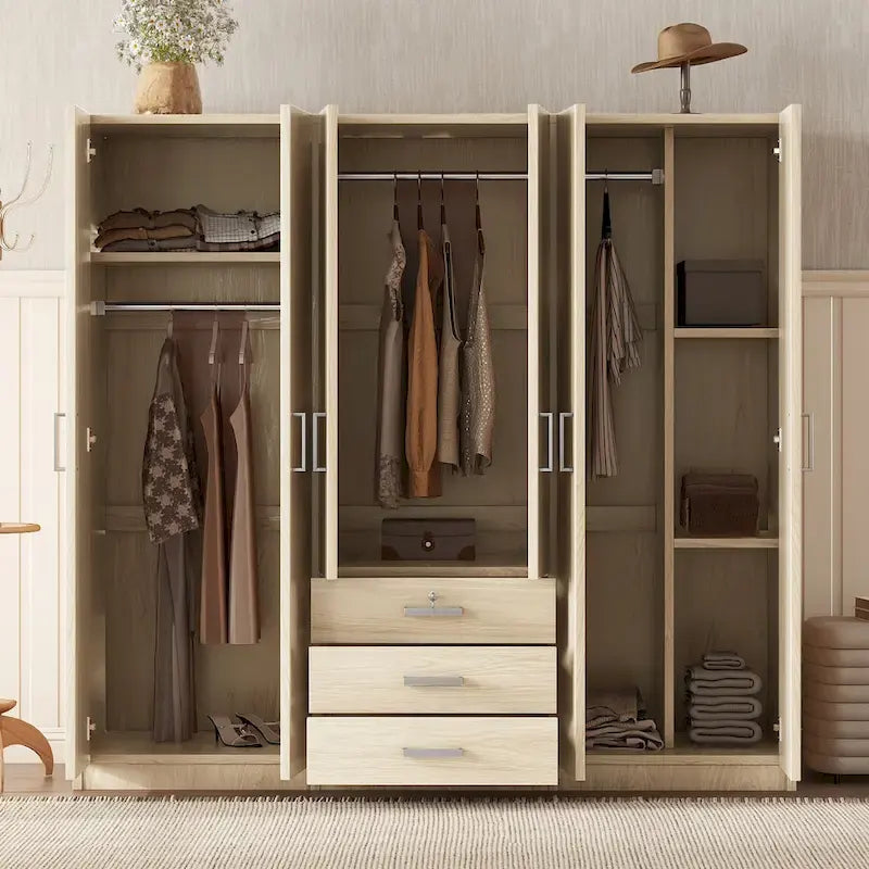 6-türiger Holzkleiderschrank mit Stauraum und 3 großen Schubladen fürs Schlafzimmer