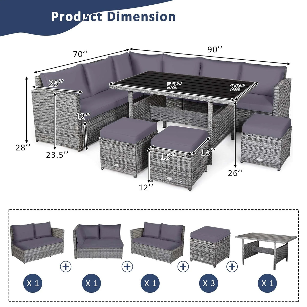 Costway 7-teiliges Dining-Set aus Polyrattan für die Terrasse mit Ecksofa, Couch und Hocker – Details anzeigen