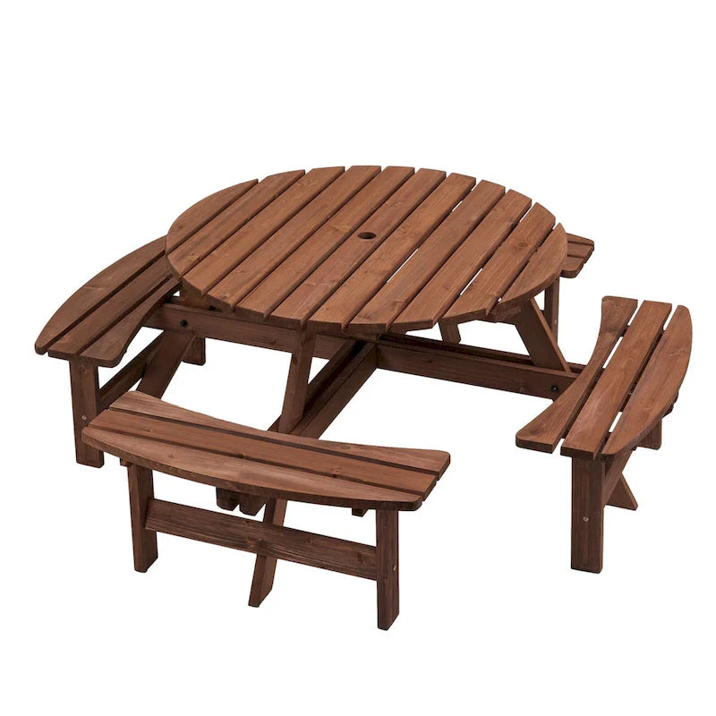 Conjunto de refeições redondo para piqueniques no exterior, em madeira de abeto, para 8 pessoas, com 4 bancos integrados e orifício para guarda-sol