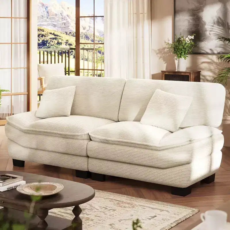 Beiges 87'-Cordsofa mit 2 Kissen, tiefes Sofa in Segelbootform für Wohnzimmer, kleine Räume, Büro oder Wohnung – Morden Fort