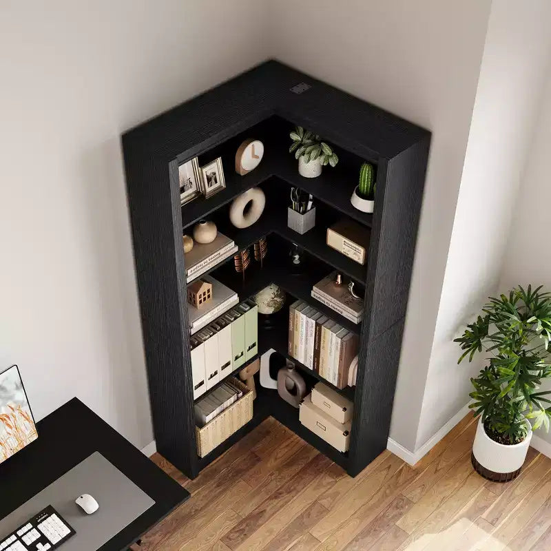 Noir/Blanc/Bois/Rétro, bibliothèque d’angle en L, 5 niveaux, simple
