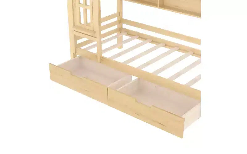 Huisbed met opbergladen en raam, frame van massief hout met planken, speels kinderdesign, lichtwit