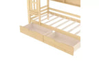 Huisbed met opbergladen en raam, frame van massief hout met planken, speels kinderdesign, lichtwit