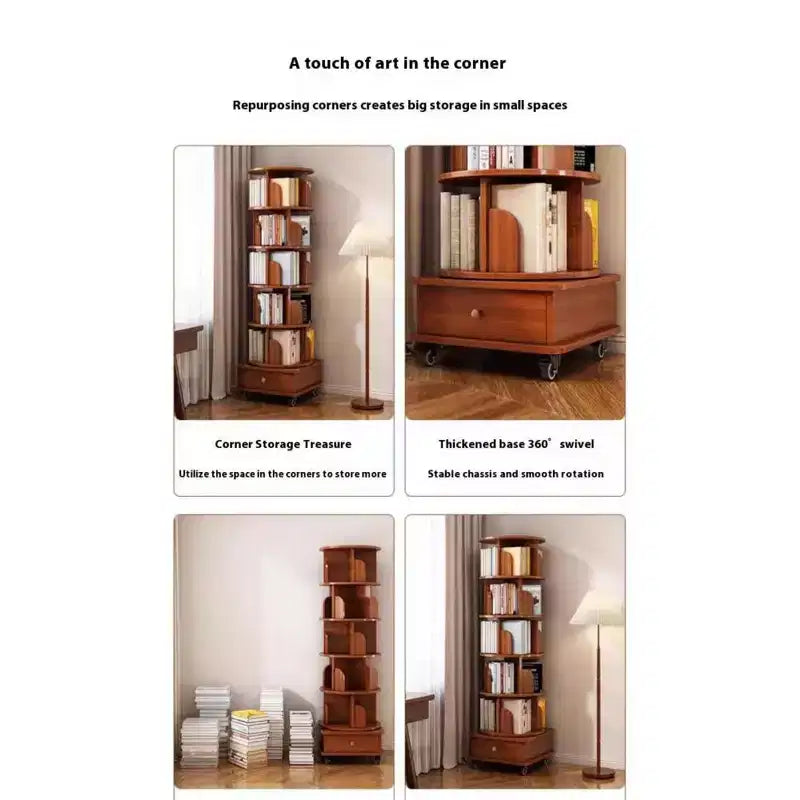 Chic Crate schmales Eckbücherregal mit 6 Ebenen, 360° drehbar und mit Rollen, für kleine Räume, Walnussbraun