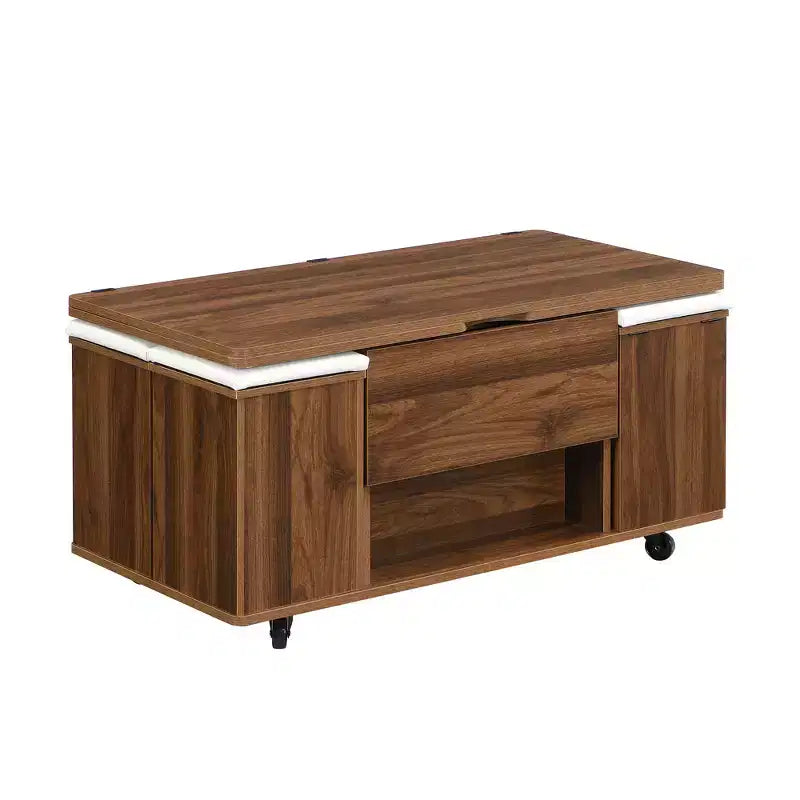 Mesa de centro moderna multifunções com tampo elevável, arrumação oculta, 4 bancos e rodízios, perfeita para espaços de estar modernos