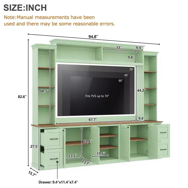Ensemble mural de centre multimédia de style ferme 4-en-1 ModernLuxe, compatible avec les téléviseurs jusqu'à 70 pouces, meuble TV avec étagères réglables et tiroirs