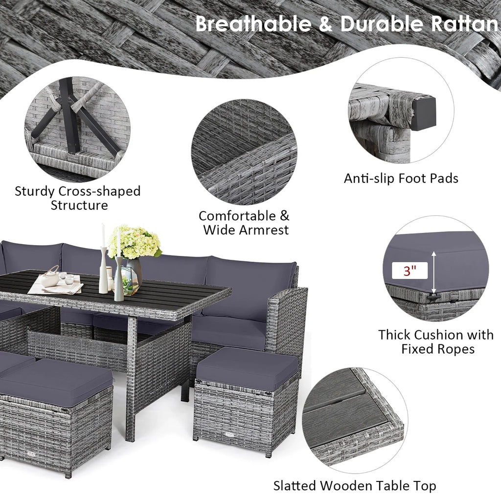 Costway 7-teiliges Dining-Set aus Polyrattan für die Terrasse mit Ecksofa, Couch und Hocker – Details anzeigen
