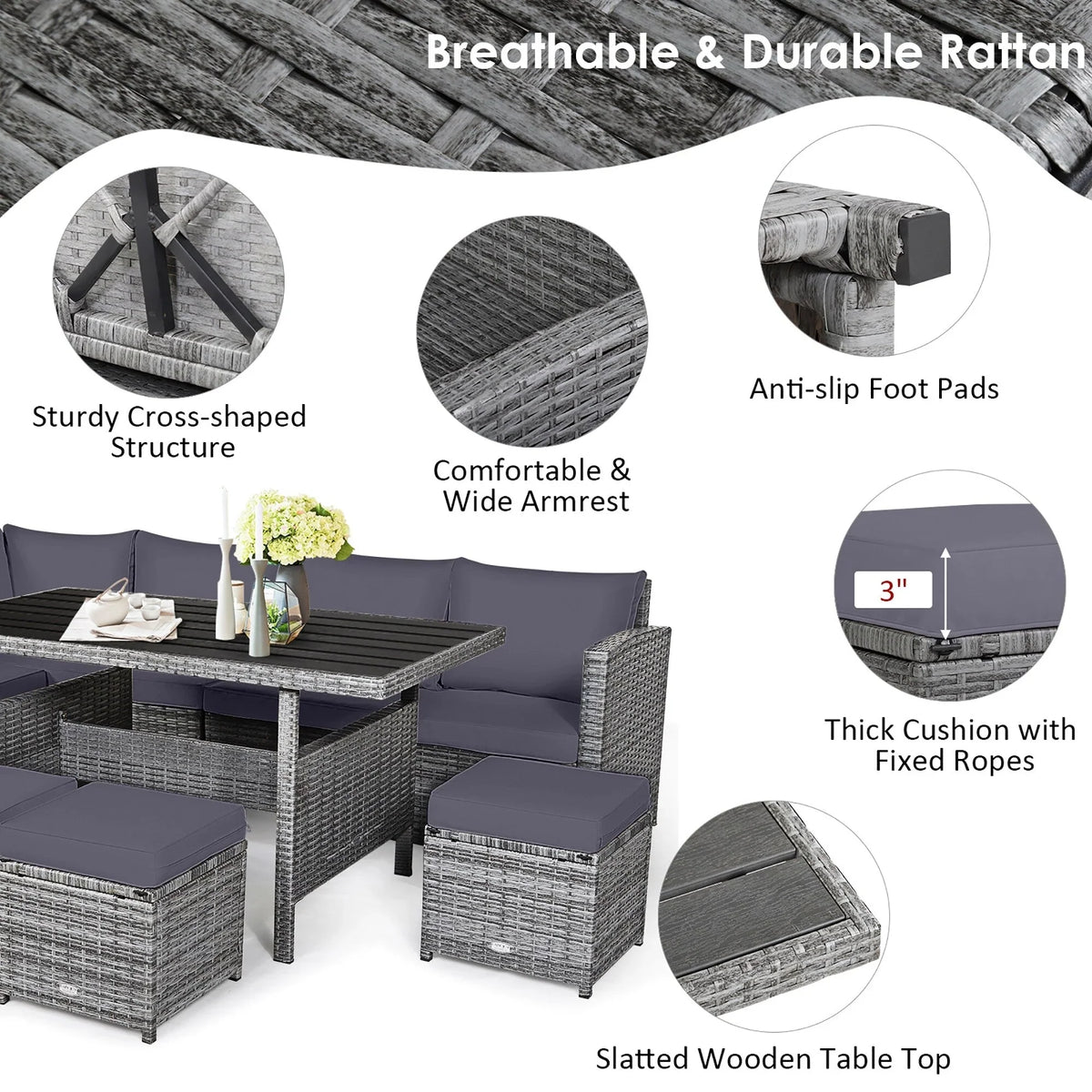 Costway 7-teiliges Dining-Set aus Polyrattan für die Terrasse mit Ecksofa, Couch und Hocker – Details anzeigen