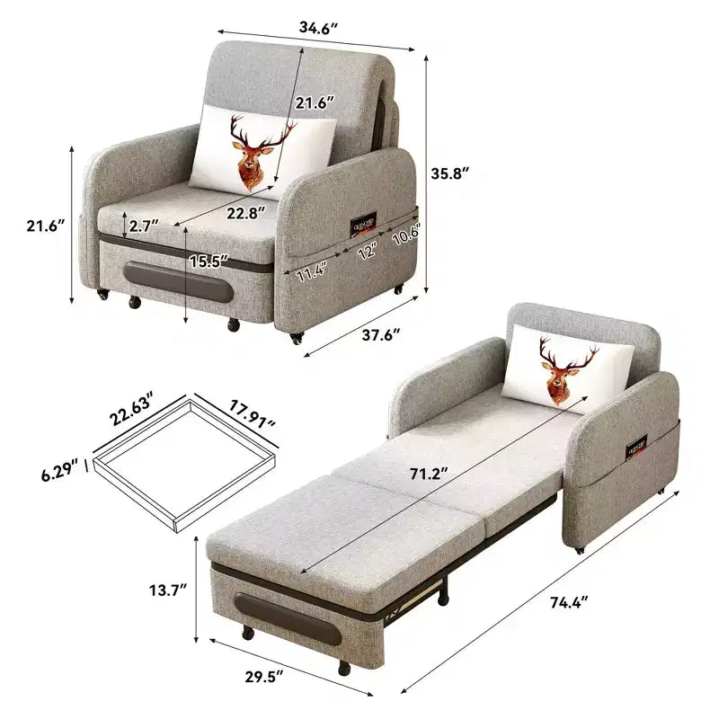 Fauteuil convertible 3-en-1 Gaoyangjiaju avec tiroir de rangement – canapé-lit escamotable avec poche latérale et oreiller – gris