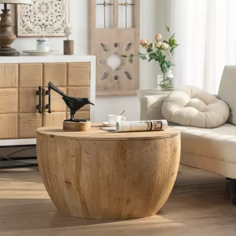 Runder Retro-Couchtisch mit Stauraum aus Holz, geeignet für Wohnzimmer, Esszimmer oder Büro.