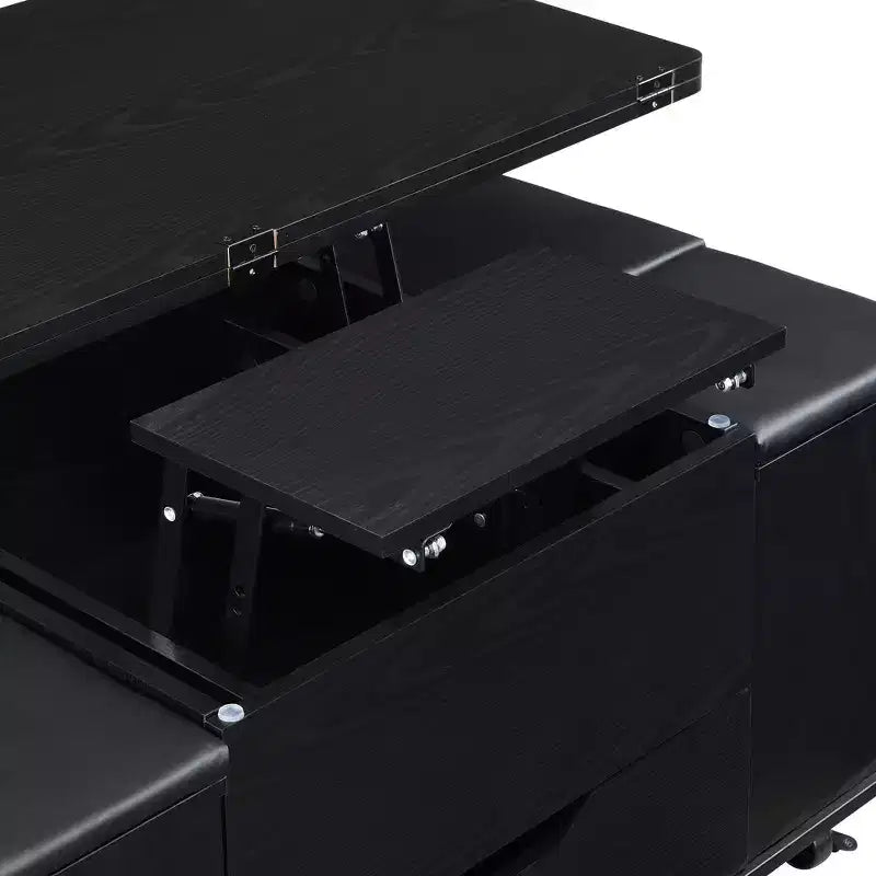 Mesa de centro moderna multifunções com tampo elevável, arrumação oculta, 4 bancos e rodízios, perfeita para espaços de estar modernos