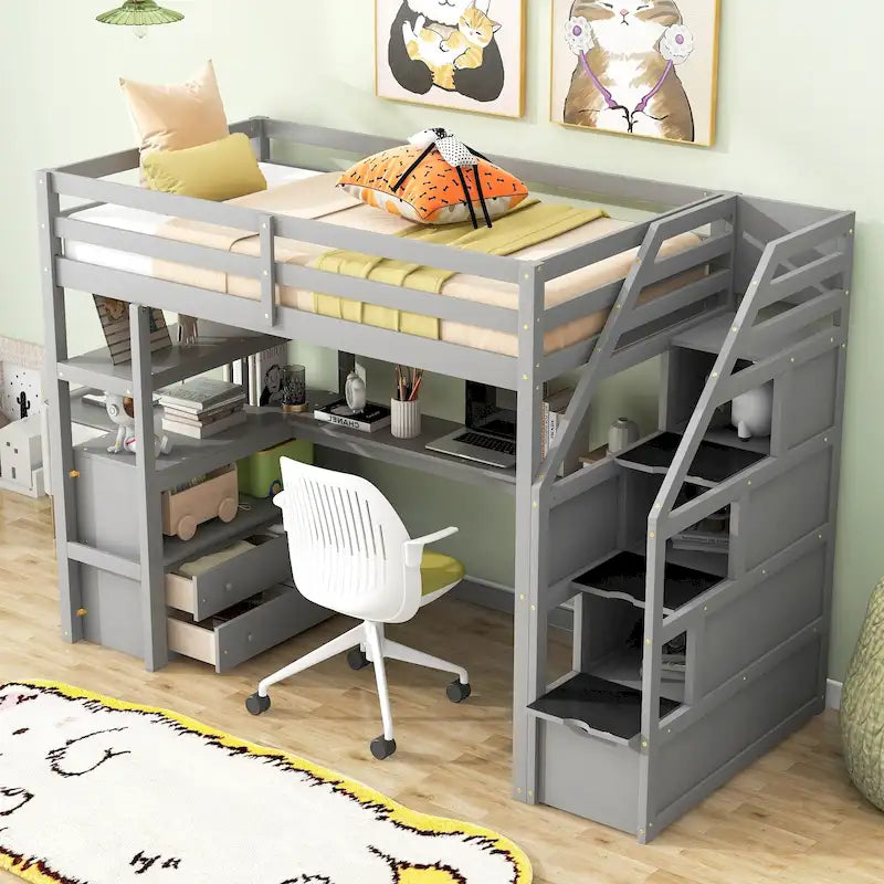 Letto a soppalco singolo con scrivania e mensole, due cassetti integrati e scala contenitore