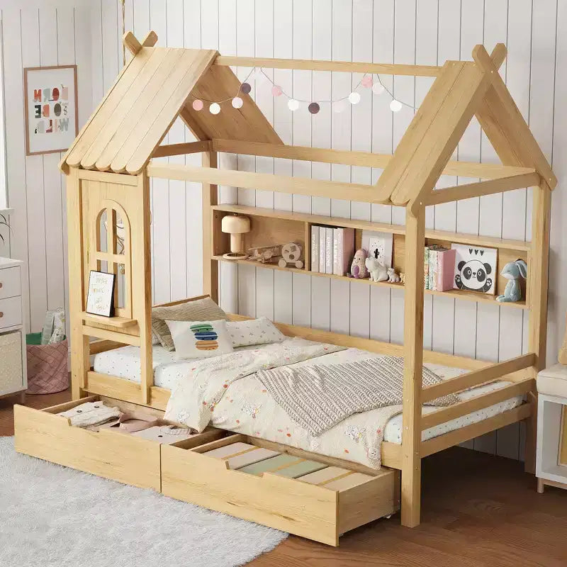 Huisbed met opbergladen en raam, frame van massief hout met planken, speels kinderdesign, lichtwit