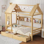 Huisbed met opbergladen en raam, frame van massief hout met planken, speels kinderdesign, lichtwit