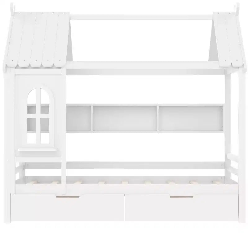 Huisbed met opbergladen en raam, frame van massief hout met planken, speels kinderdesign, lichtwit