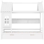 Huisbed met opbergladen en raam, frame van massief hout met planken, speels kinderdesign, lichtwit