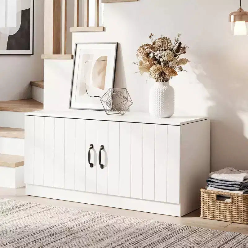 Banc à chaussures à 2 portes avec étagères réglables et espace de rangement dissimulé, naturel + blanc/Whi5te