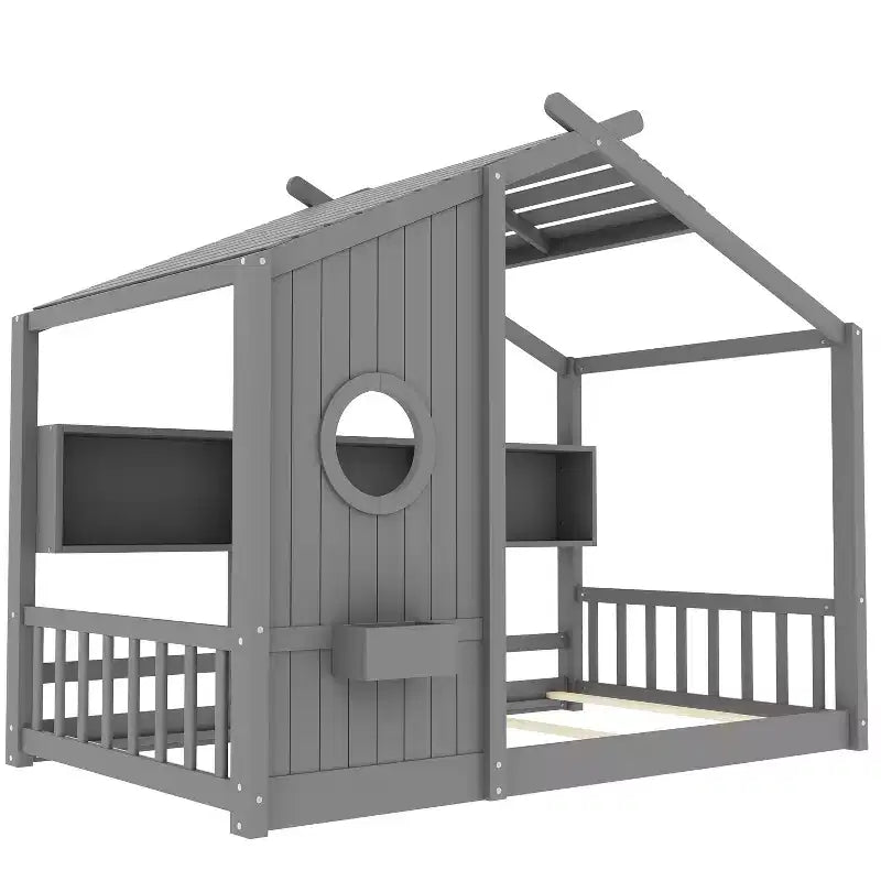 Dětská postel domeček typu Twin/Full, Montessori podlahová postel s úložnou policí – ModernLuxe