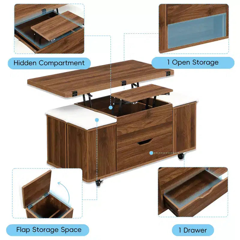 Mesa de centro moderna multifunções com tampo elevável, arrumação oculta, 4 bancos e rodízios, perfeita para espaços de estar modernos