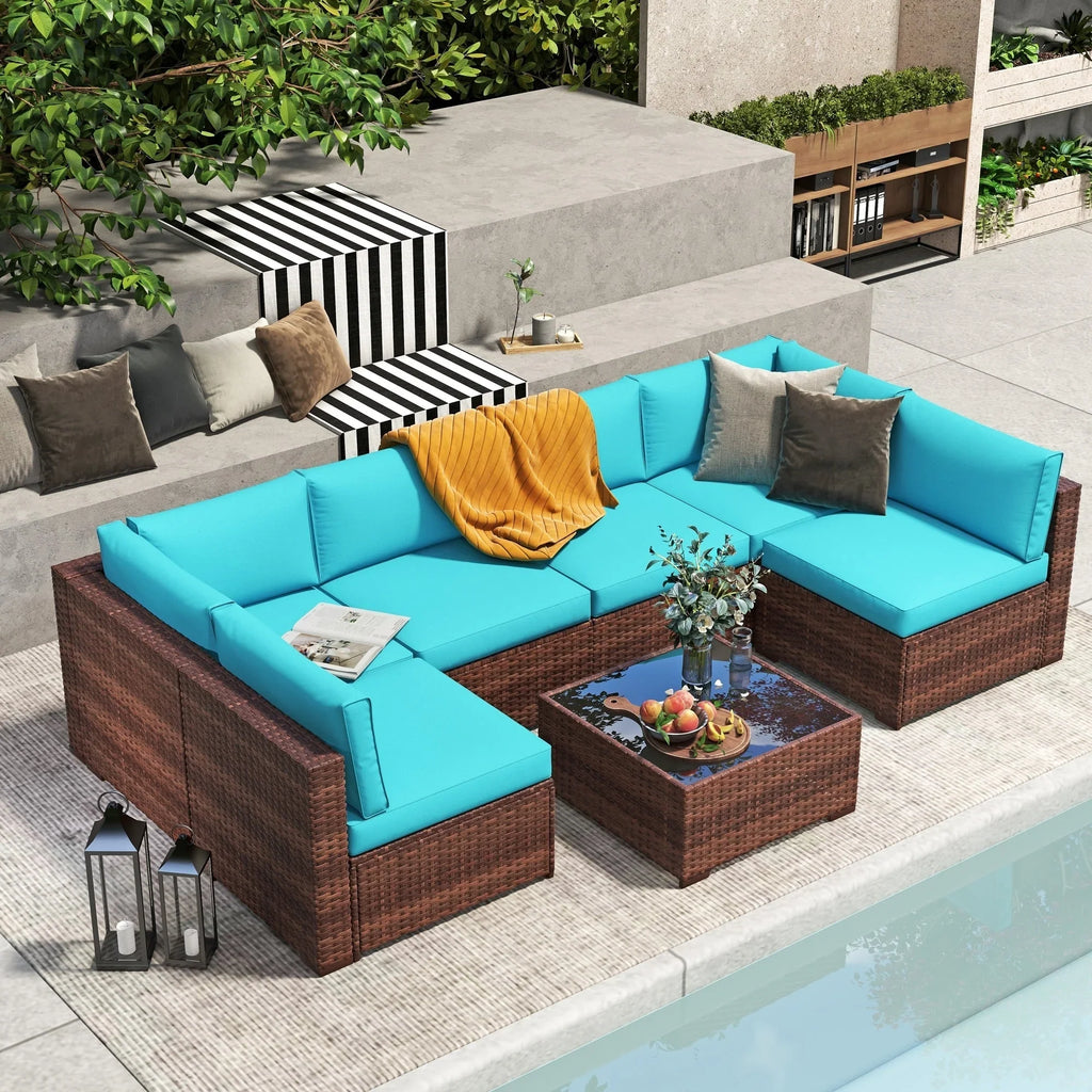 Ensemble de canapé modulaire d’extérieur rembourré en osier et acier, 7 pièces