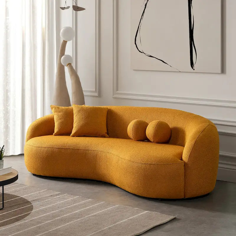 Sofá curvo Blaine de estilo Japandi, moderno e luxuoso, em tecido bouclé