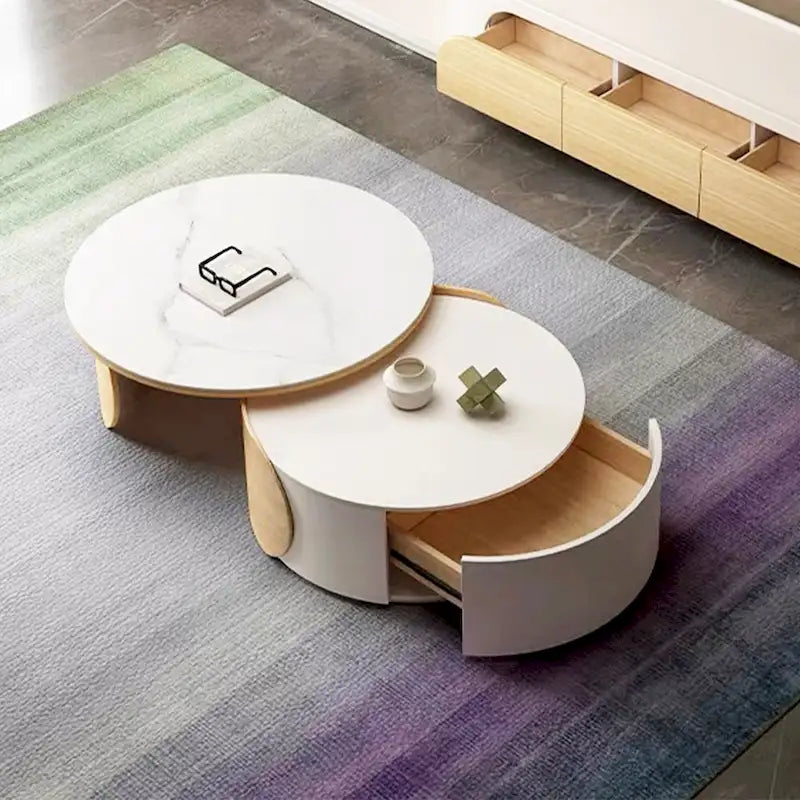 Moderner runder Couchtisch, Tischplatte aus Stein, naturbelassenes Holz – 50 x 31,5