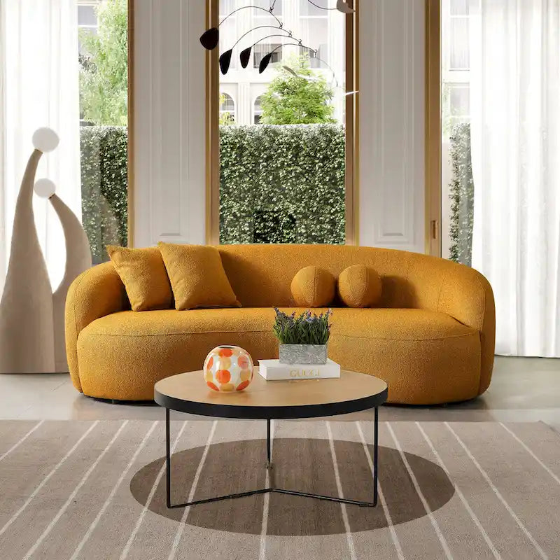Sofá curvo Blaine de estilo Japandi, moderno e luxuoso, em tecido bouclé