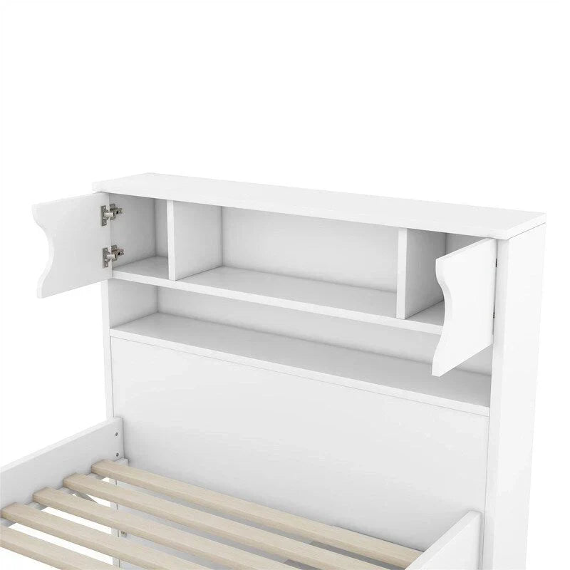 Letto a piattaforma Captain matrimoniale o singolo con 4 cassetti e ripiani contenitori, struttura in legno massello con testiera libreria contenitore